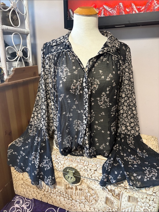 Free People Tops - Free People Black Floral Sheer Button Blouse